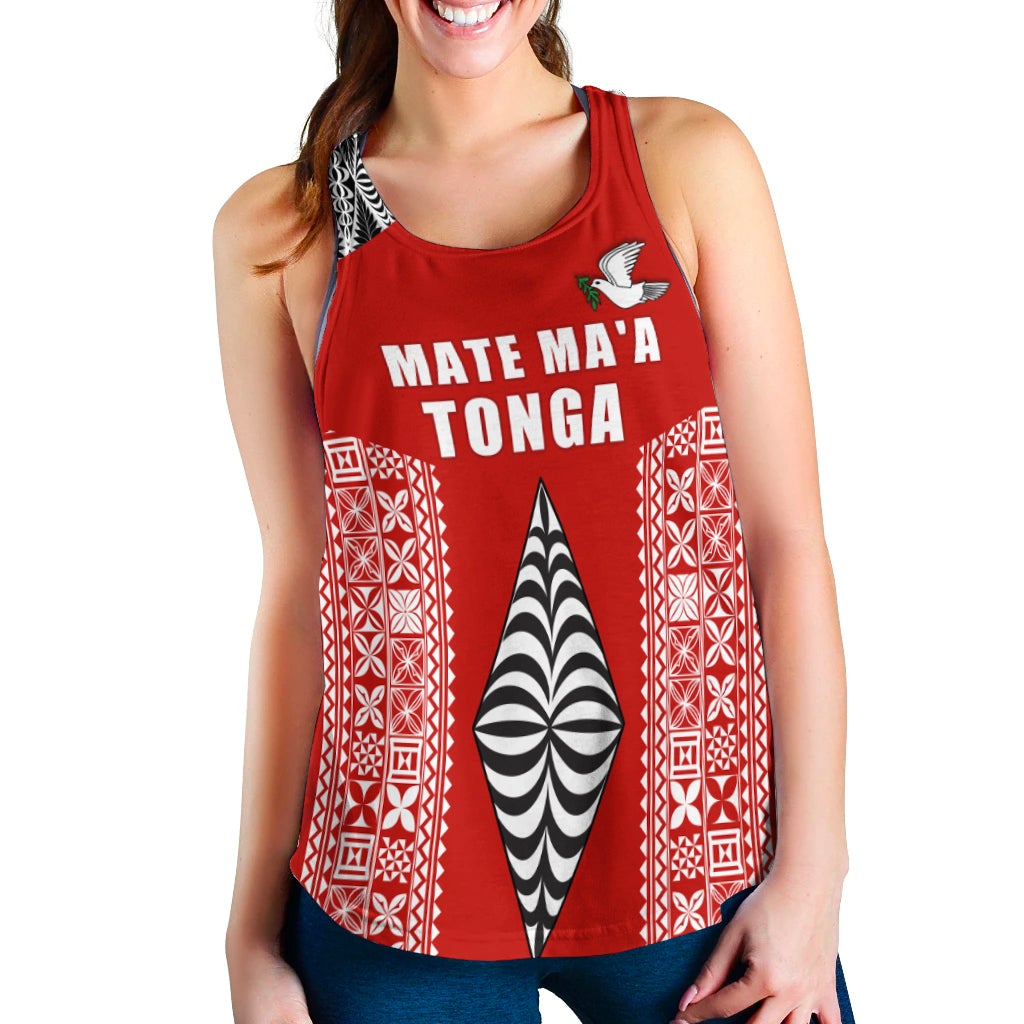 Red women’s racerback tank with “MATE MA’A TONGA” text and crest graphic at chest