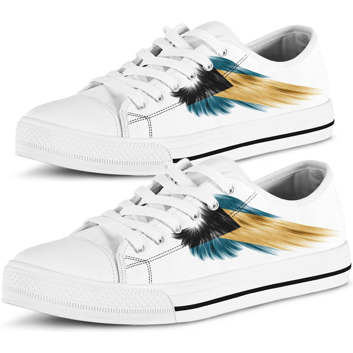 White low-top sneakers with feather graphic and black-trim rubber sole