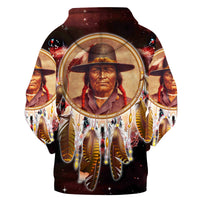 Dark pullover hoodie featuring Native chief portrait in dreamcatcher circle, multicolor