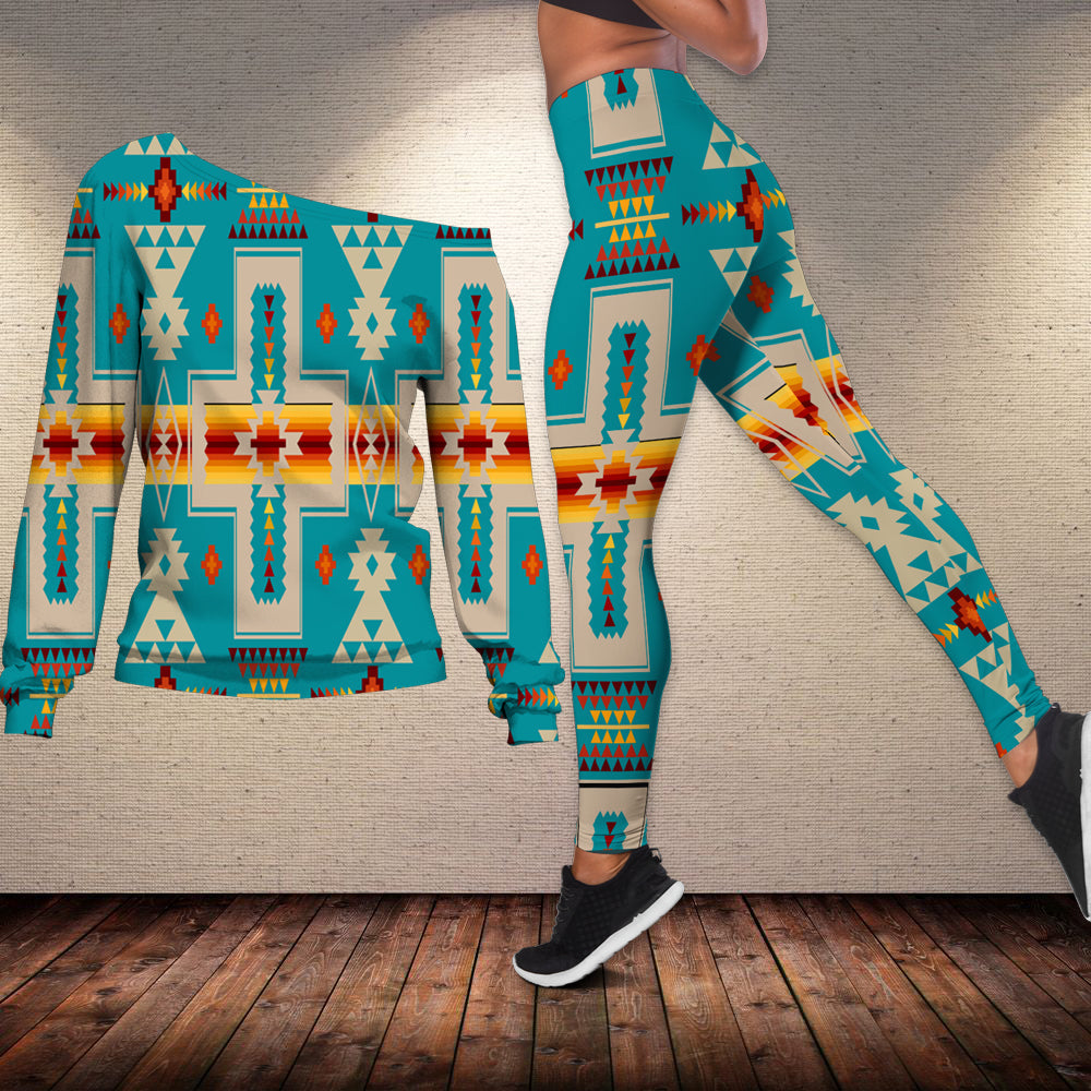 Turquoise off-shoulder sweater and leggings set with tribal geometric multicolor print