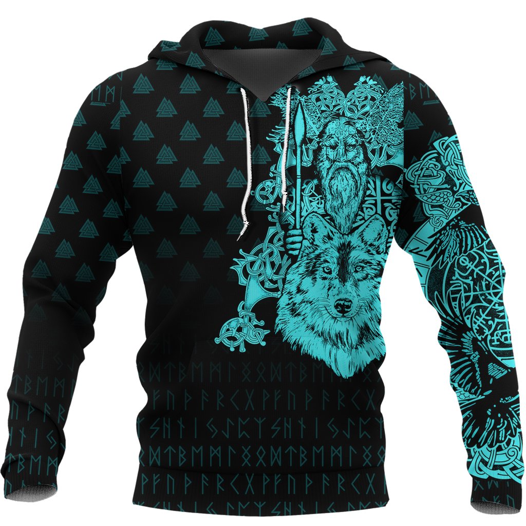 Viking Hoodie Old Norse Odin Tattoo Cyan RLT12 - Wonder Print Shop