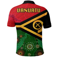 Back view polo shirt with Vanuatu text, black collar, green red Aboriginal pattern