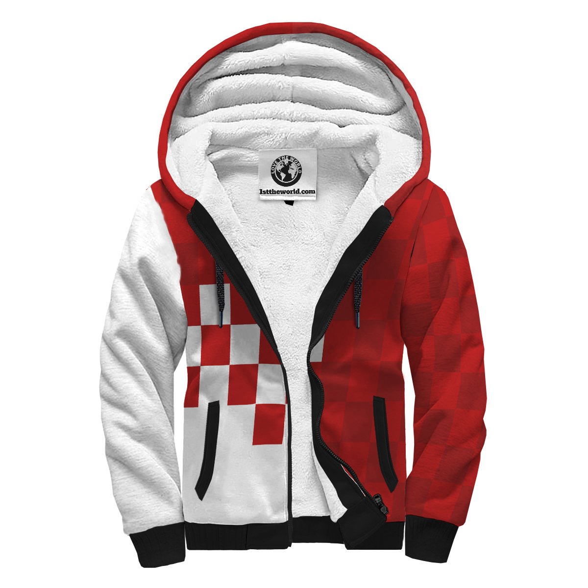 Croatia coat of arms sherpa hoodie, white and red checker panels, full-zip hood