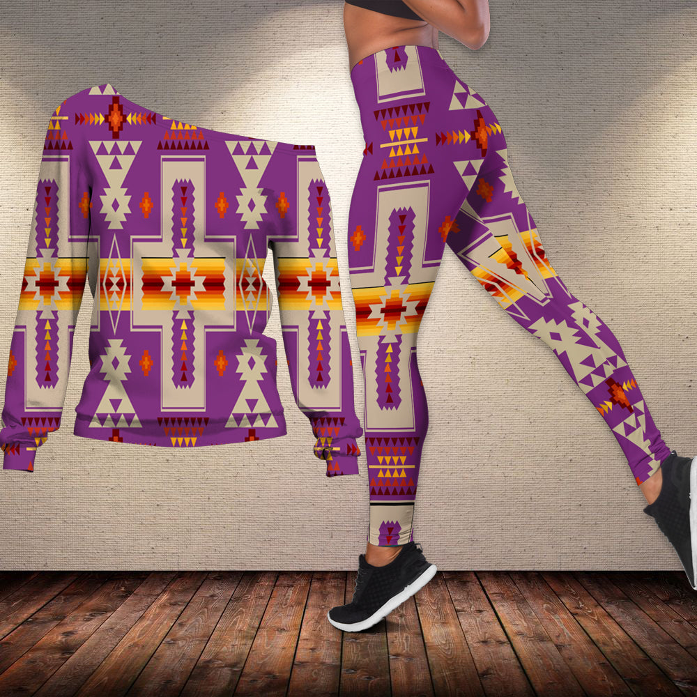 Light purple off-shoulder sweater & leggings set with multicolor tribal pattern.