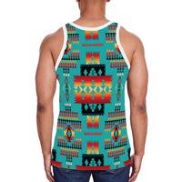 Back view of men's teal blue tank with Native-inspired all-over multicolor pattern
