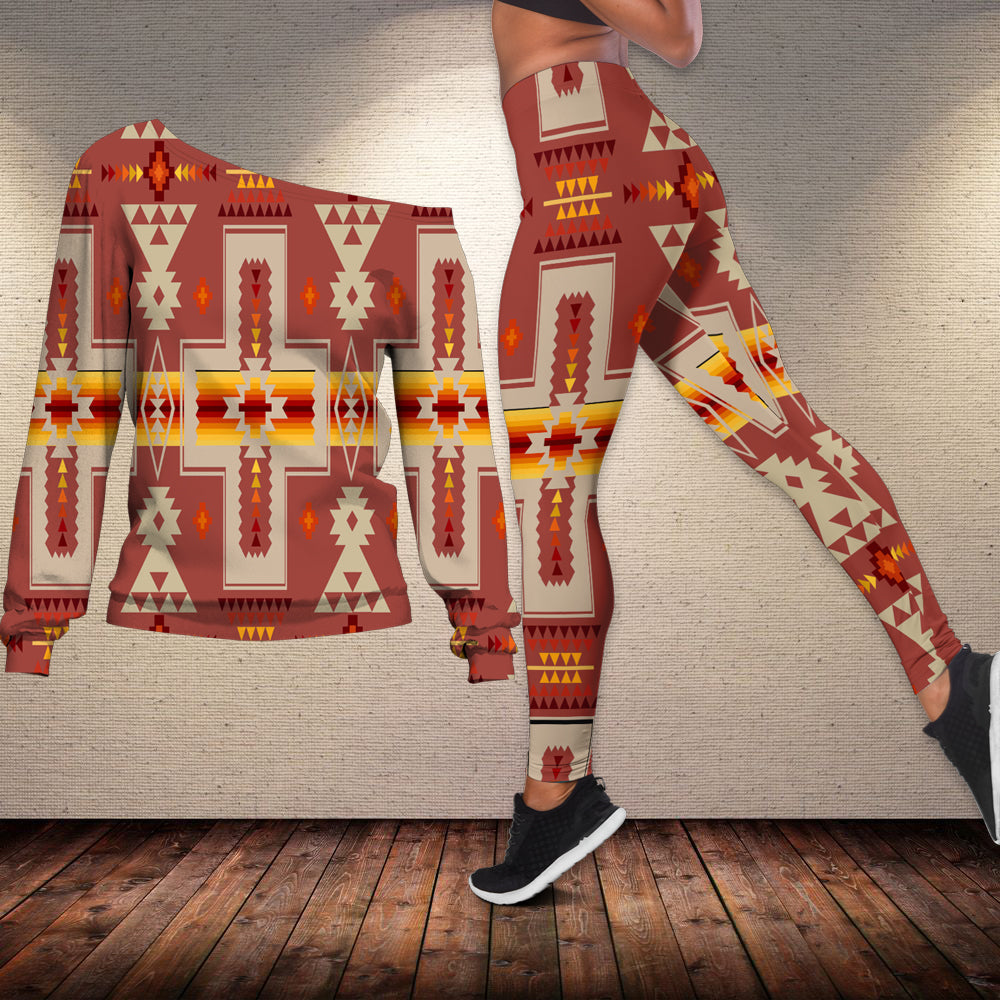 Rust multicolor tribal off-shoulder sweater and leggings set, native pattern