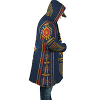 Side view hooded cloak in navy with multicolor geometric tribal design