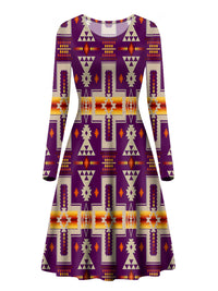 Purple long-sleeve dress, geometric native-inspired pattern, crew neck, A-line skirt
