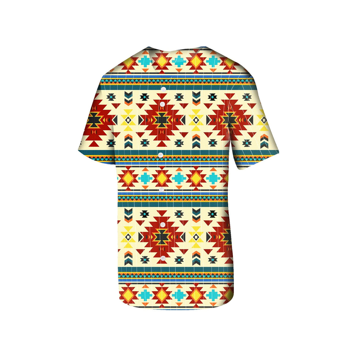 Southwest patterned baseball jersey with multicolor Native American motifs, front view