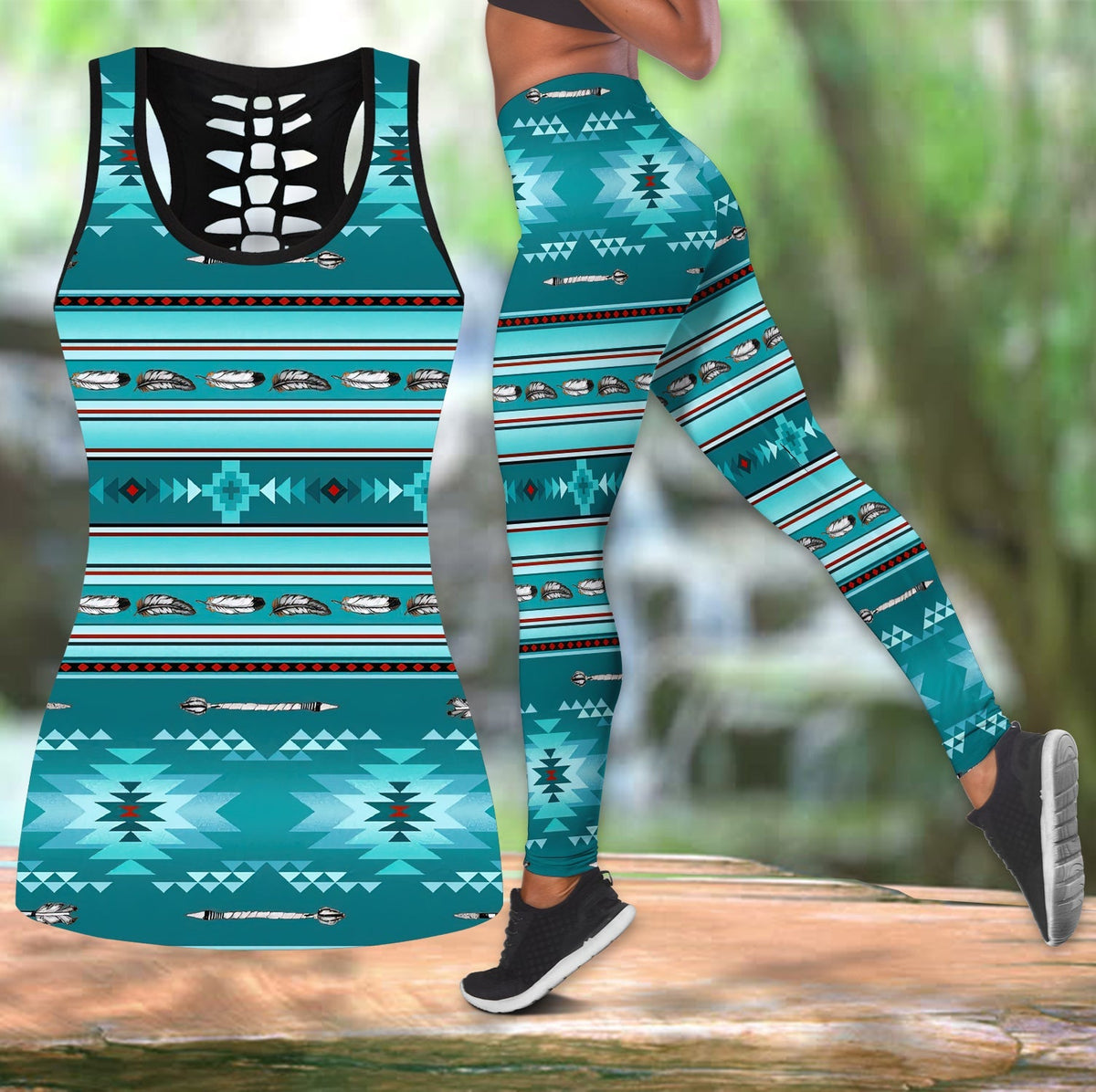 Blue tribal patterned hollow-back tank & leggings set, teal and navy accents.