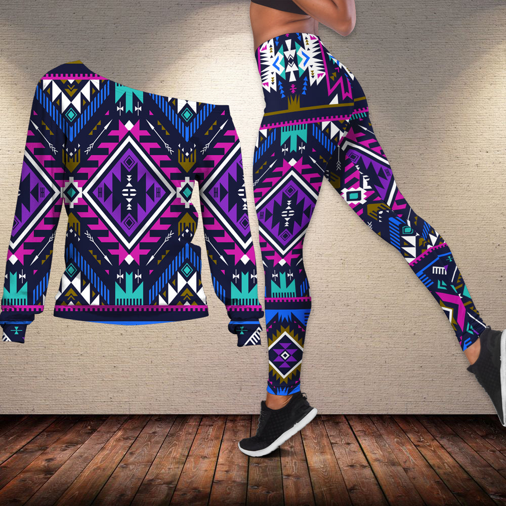 native-american-purple-tribe-pattern-off-shoulder-sweater-leggings-set