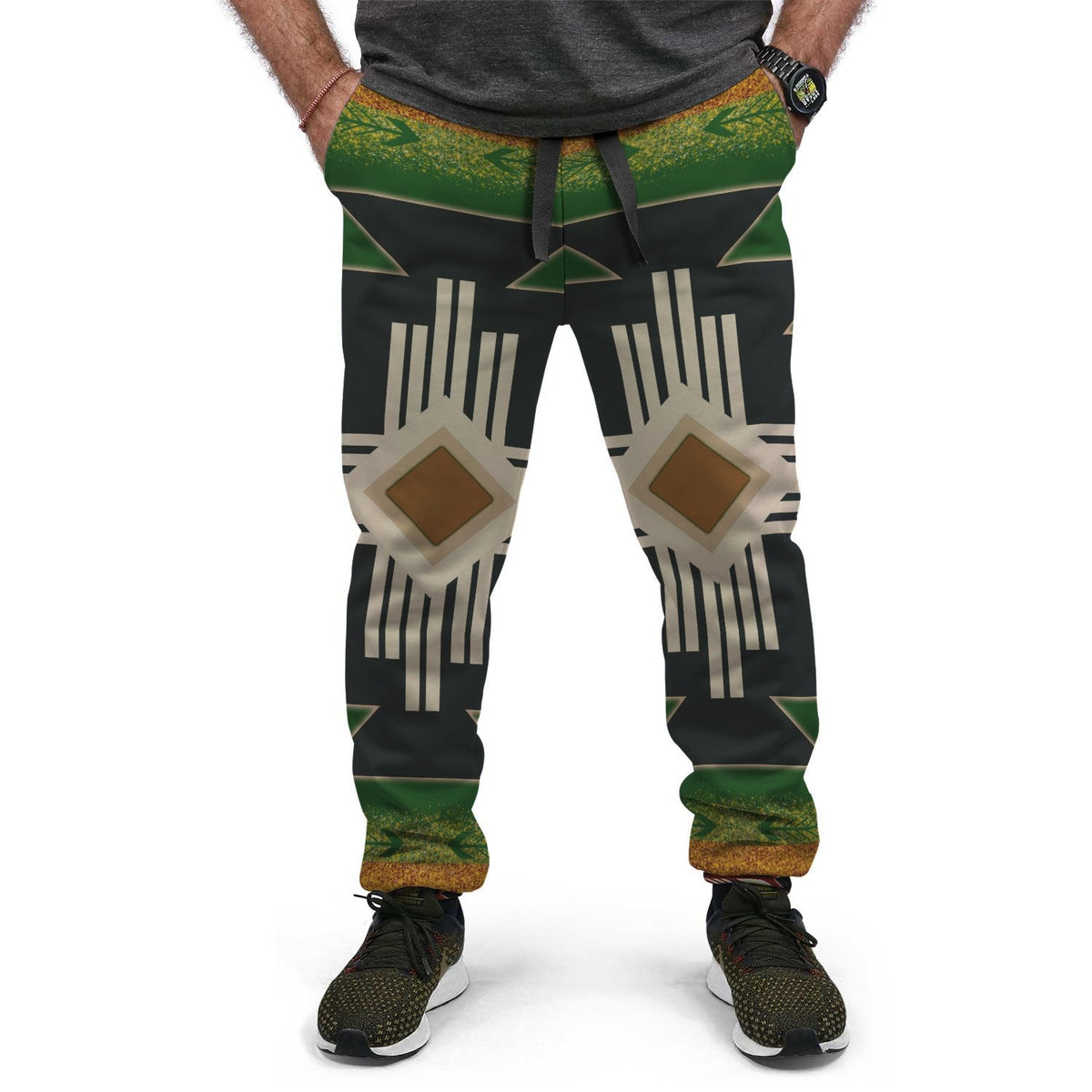 Native-style jogger pants, black base with green bands and beige geometric diamond print