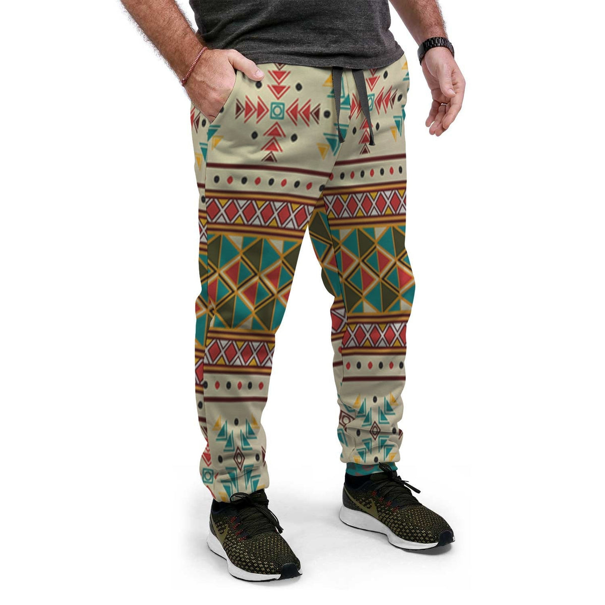 Multicolor native geometric jogger pants, light base, tapered elastic cuffs