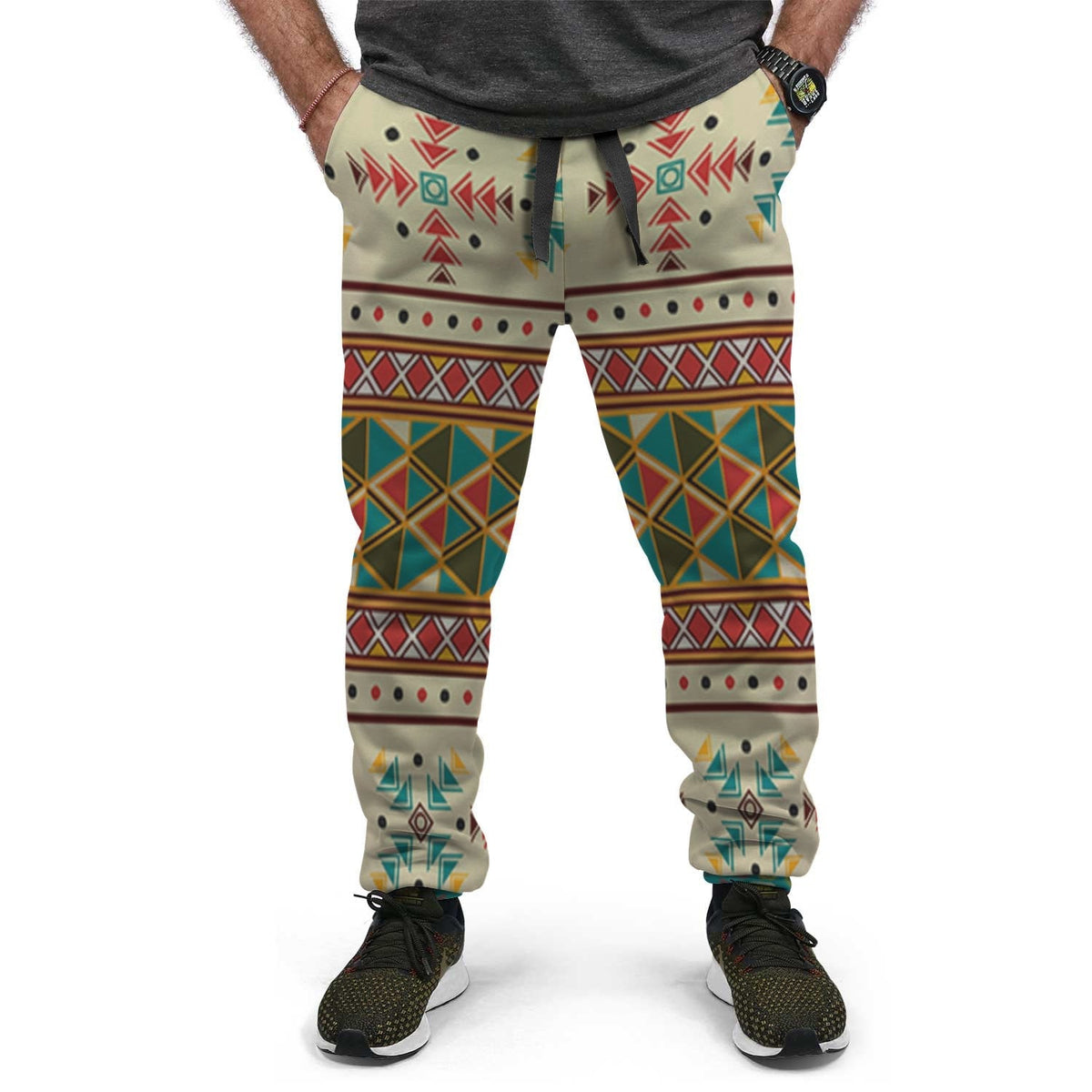 Front jogger pants with light base and bold red teal geometric bands, side pockets