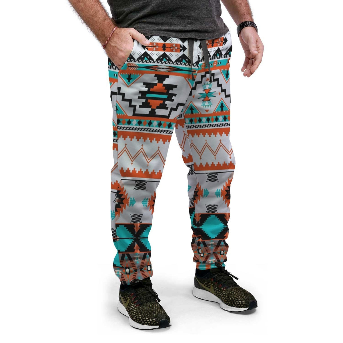 White jogger pants with multicolor Native-style geometric pattern, cuffed legs