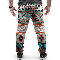 White jogger pants with Native-style diamond, zigzag motifs and elastic waistband