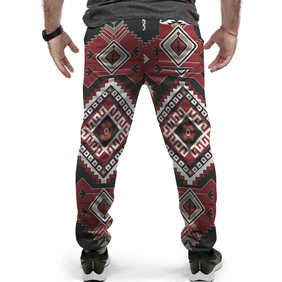 Red geometric joggers with diamond designs and stretchy ankle cuffs
