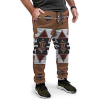 Brown jogger pants with multicolor Native temple symbols