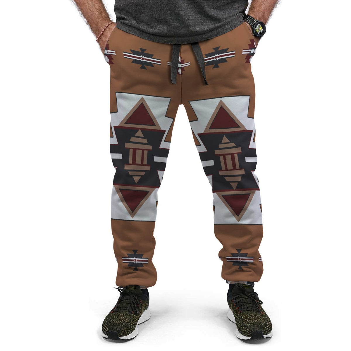 Brown joggers with multicolor Native temple symbols, front view and drawstring