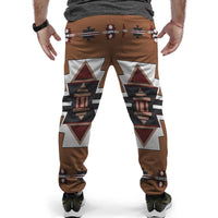 Brown joggers with large Native temple graphic panels and side pockets