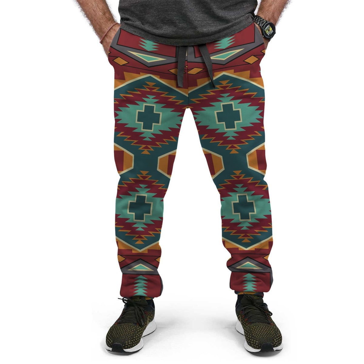 Native geometric jogger pants with maroon drawstring waist and side pattern panels