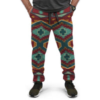 Native geometric jogger pants with maroon drawstring waist and side pattern panels