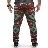 Side view native print jogger pants with diamond and cross designs, cuffed ankles