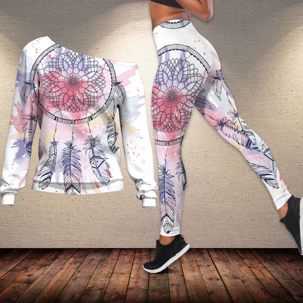 native-american-pink-water-color-dream-catcher-off-shoulder-sweater-leggings-set