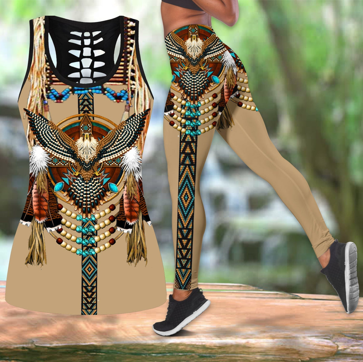Native American mandala print tank top and leggings set, multicolor with beaded accents