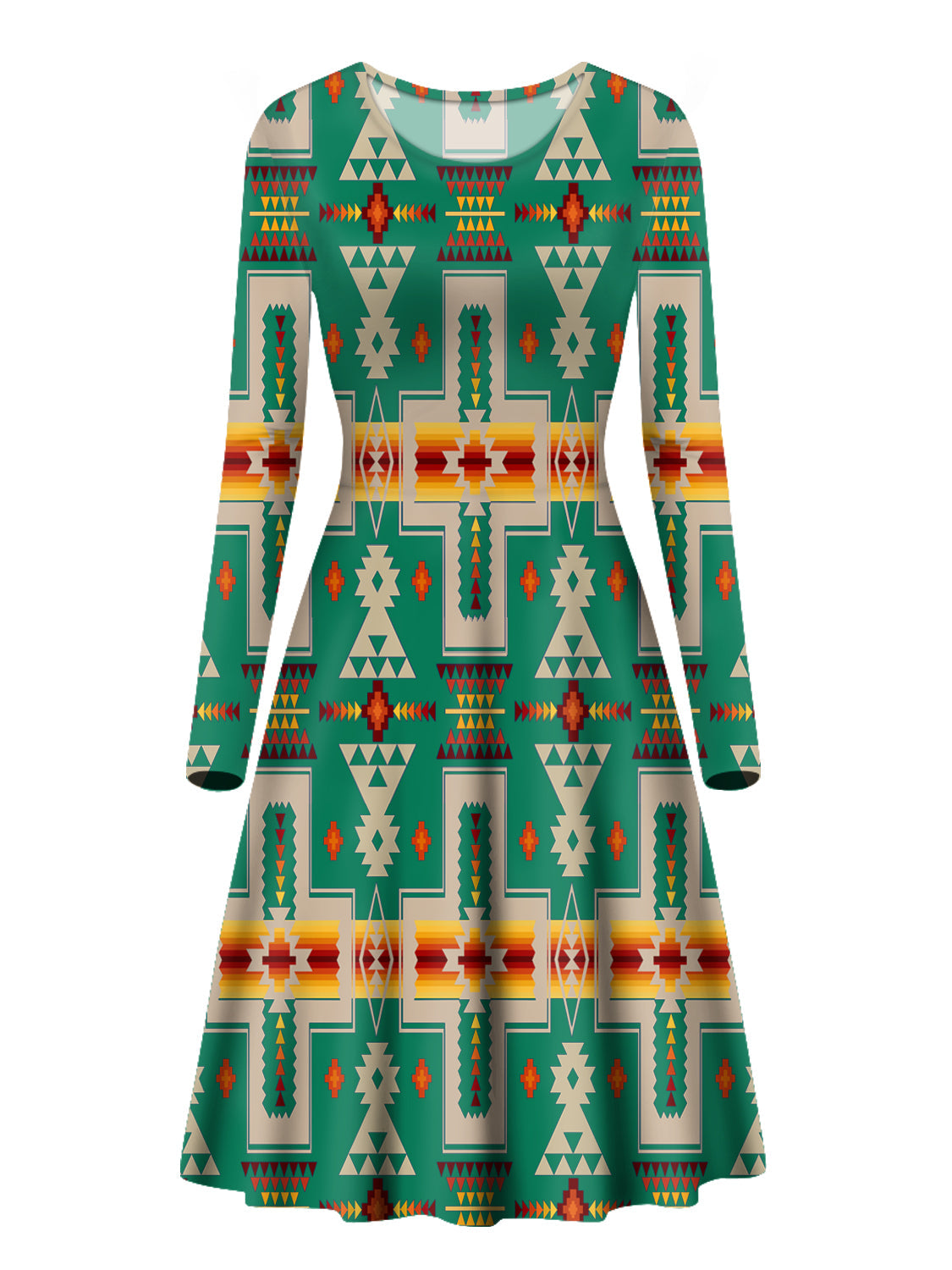 Green long-sleeve A-line dress with Native-inspired geometric multicolor print