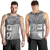Men's Fiji tank top showing front and back tribal print, sleeveless crew neck