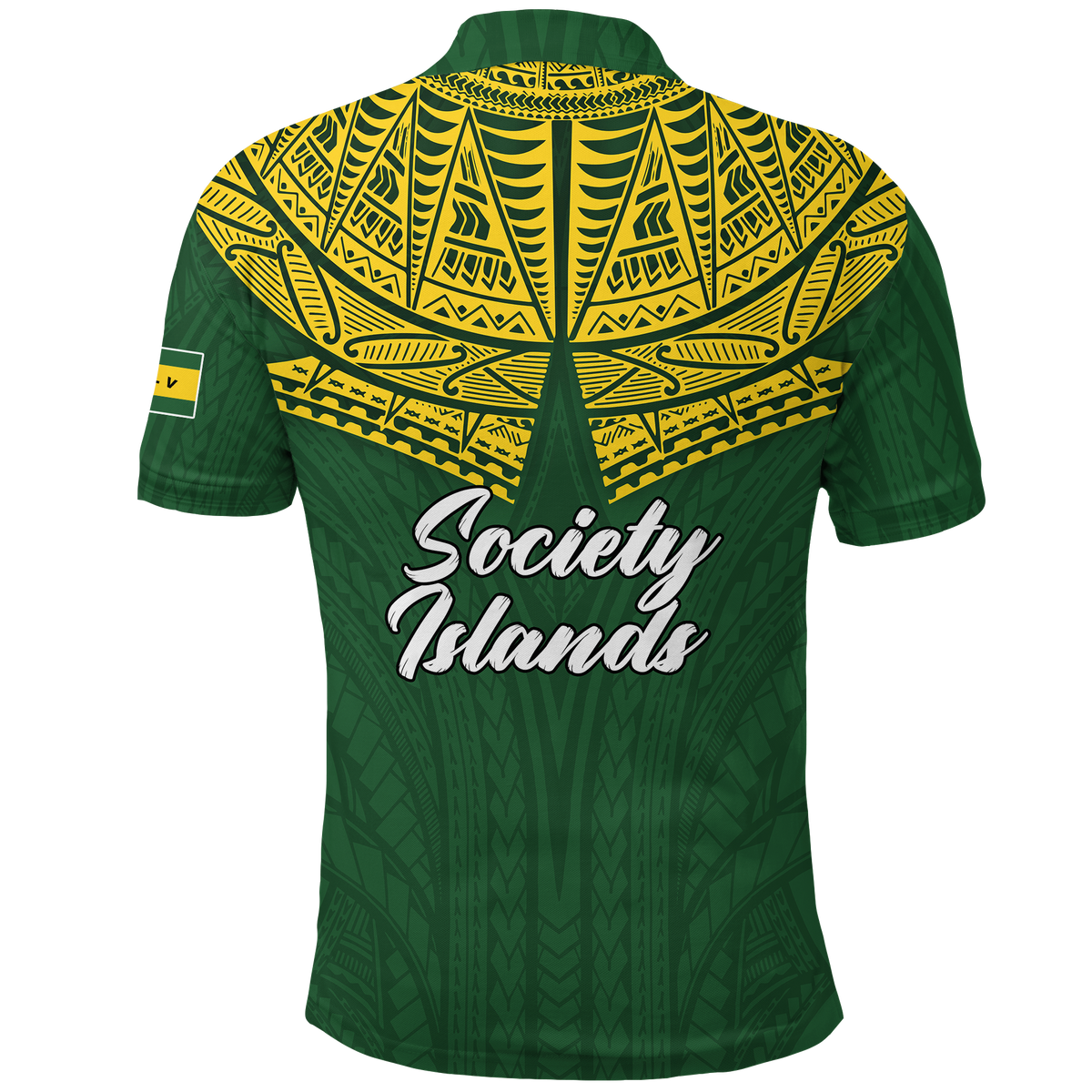 Back view pride polo shirt, green with yellow tribal yoke and Society Islands print