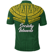 Back view pride polo shirt, green with yellow tribal yoke and Society Islands print