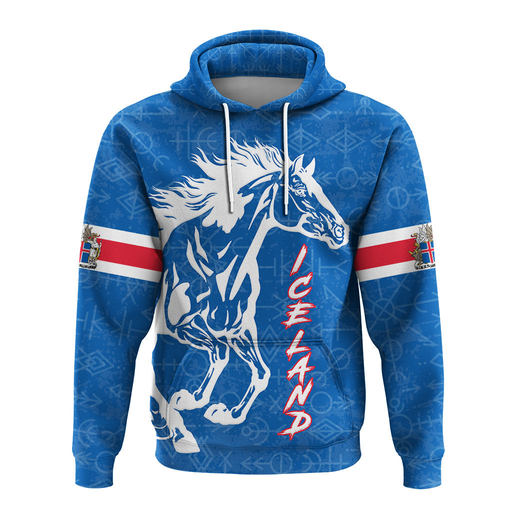 Blue pullover hoodie front view, white horse silhouette with long red vertical lettering
