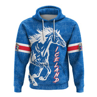 Blue pullover hoodie front view, white horse silhouette with long red vertical lettering