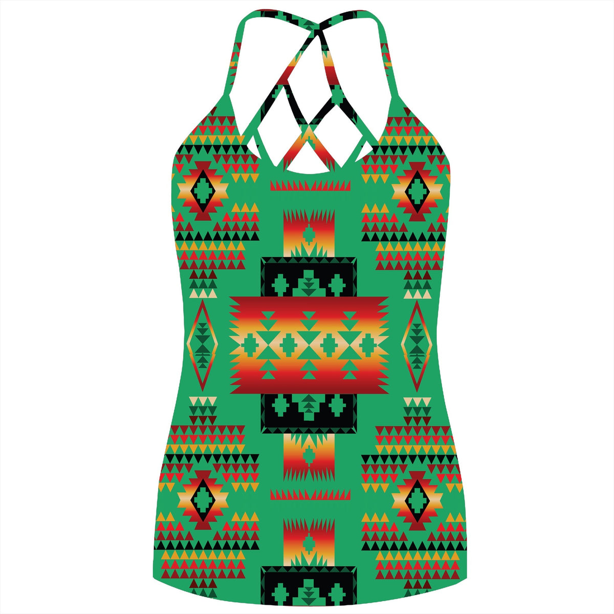 Green criss-cross back tank top with Native-style geometric tribal pattern