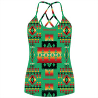 Green criss-cross back tank top with Native-style geometric tribal pattern