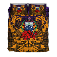 Orange Samoa duvet with purple pillowcases, large hibiscus flower and crest shield graphic