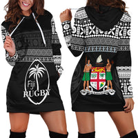 Pair of black hoodies with white Fiji Rugby crest, tapa motifs and patterned sleeves