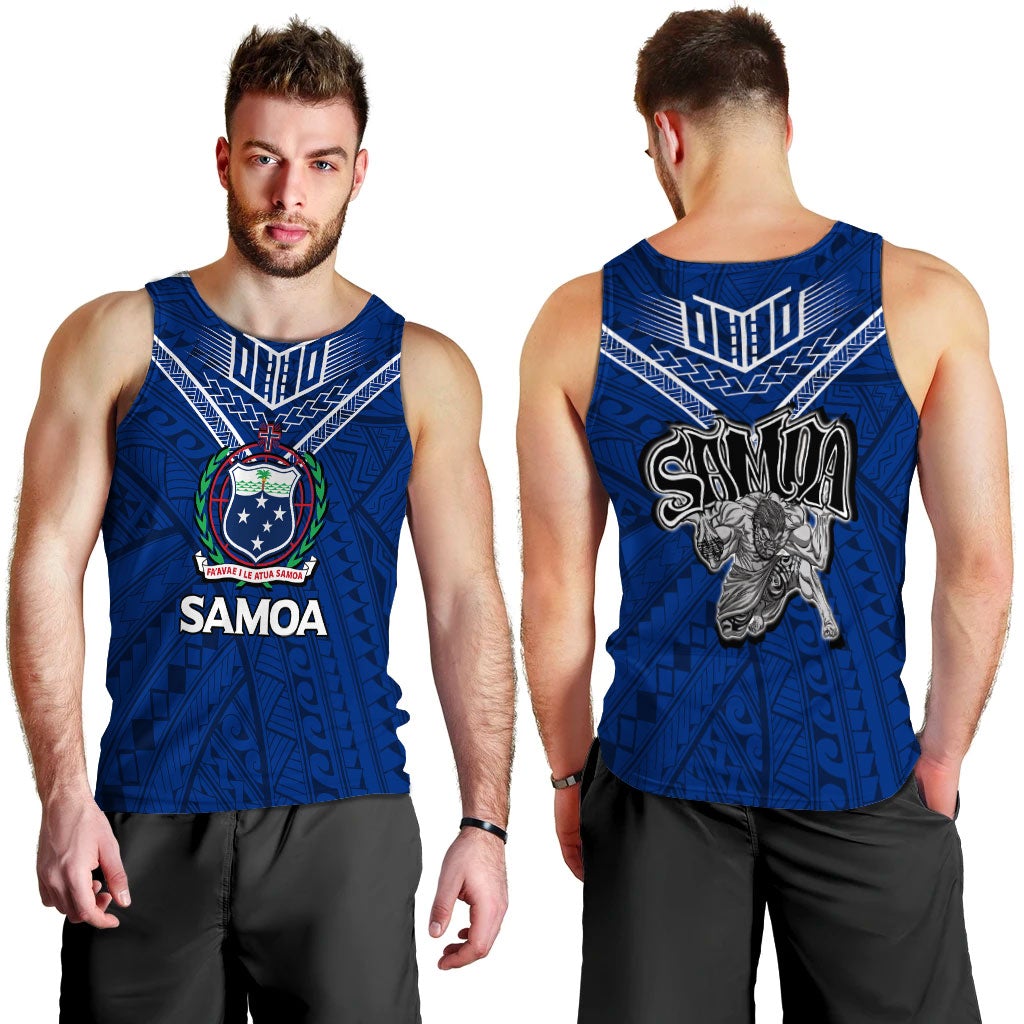 Men’s blue Samoa tank top with front crest and “SAMOA” graphic
