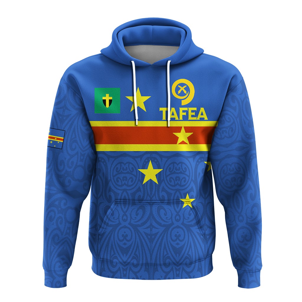 Blue Tafea flag-style hoodie, front view with drawstring hood and stars