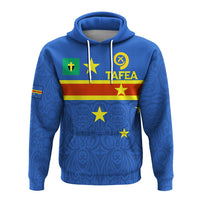 Blue Tafea flag-style hoodie, front view with drawstring hood and stars