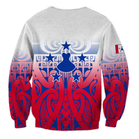Unisex sweatshirt back with multicolor tribal tattoo print, blue dress silhouette and stars