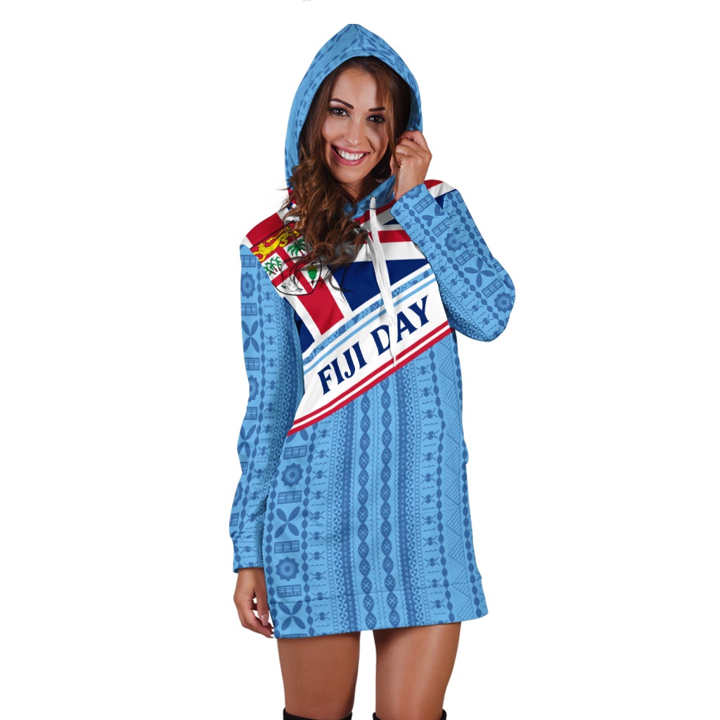 Blue Fiji Day hoodie dress with flag graphic and tapa pattern, hood with white drawcord