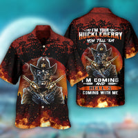 Skull cowboy Hawaiian shirt, front and back views; black red orange splatter print, button placket