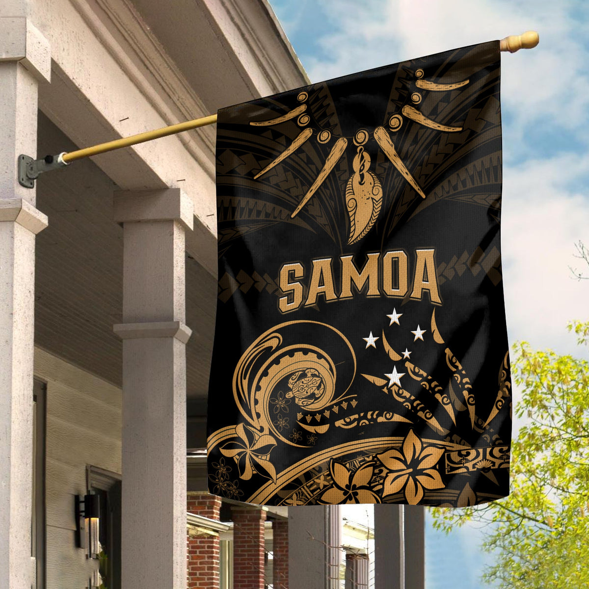 Black Samoa flag with gold Polynesian tribal pattern and star crest