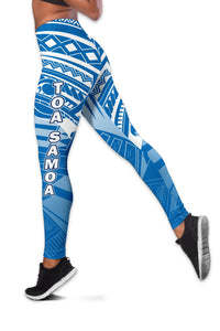 Women’s blue leggings with white graphic panels and vertical lettering on side