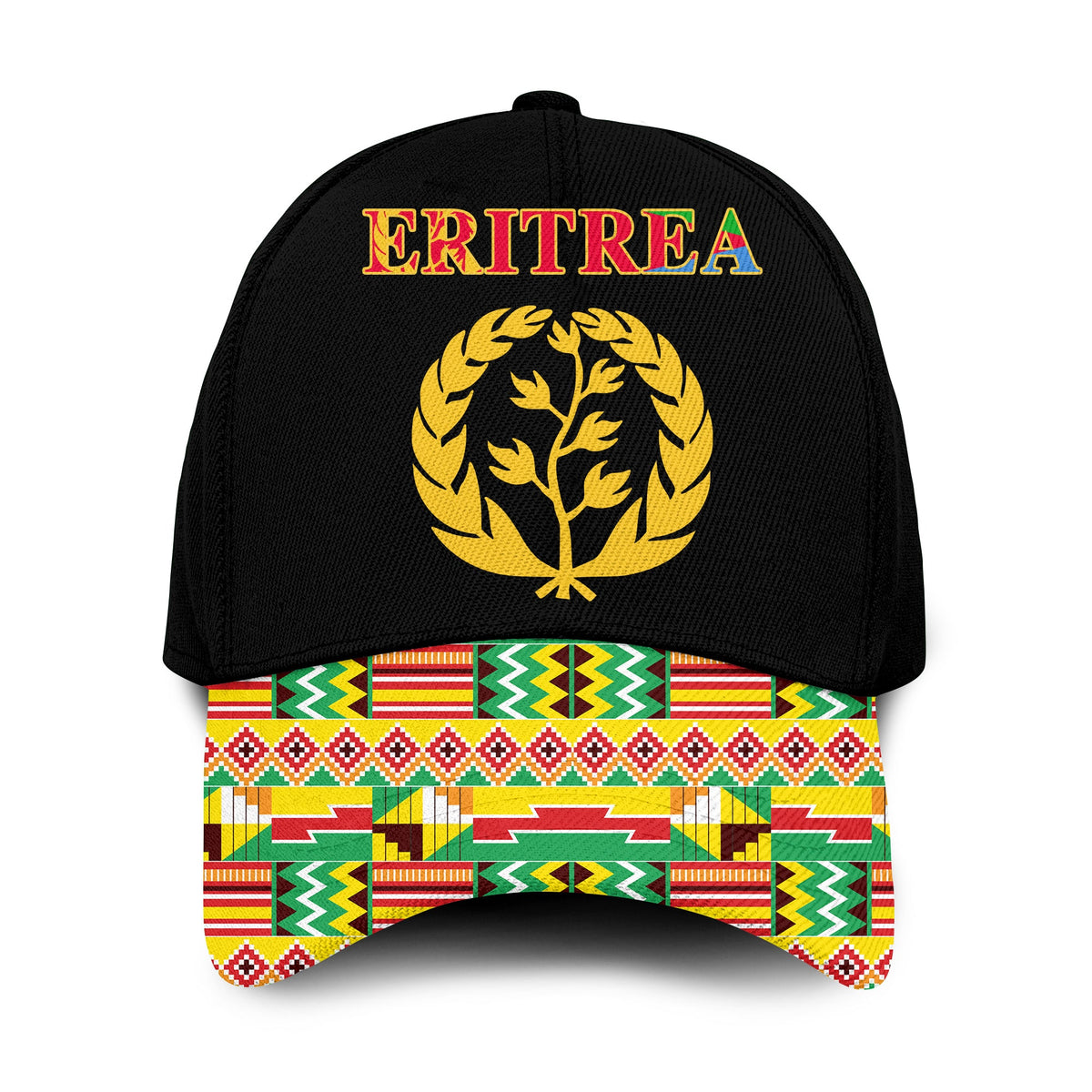 Black classic cap with ERITREA lettering and gold tree emblem; multicolor patterned brim
