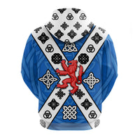 Blue Celtic pullover hoodie, front graphic with red lion crest and knot emblems