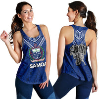 Blue women’s tank top with Samoa warrior graphic and “SAMOA” front print